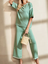 Contrast Trim T-Shirt and Drawstring Pants Set Gum Leaf OutfitFlow