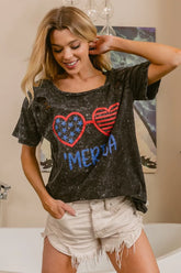 BiBi 4th Of July Theme Mineral Washed Laser Cut Top BLACK CHARCOAL OutfitFlow
