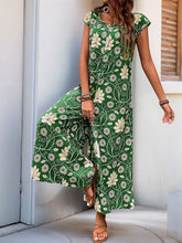 Perfee Printed Round Neck Cap Sleeve Wide Leg Jumpsuit Dark Green OutfitFlow