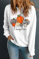 Pumpkin Graphic Round Neck Dropped Shoulder Sweatshirt White OutfitFlow