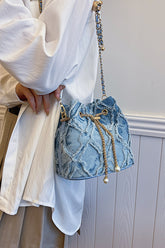 Chain Drawstring Raw Edge Denim Bucket Bag Blue One Size OutfitFlow