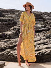 Drawstring Printed Plunge Half Sleeve Dress Gold OutfitFlow
