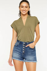 Kancan High Rise Frayed Hem Denim Shorts MEDIUM OutfitFlow