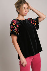 Umgee Full Size Velvet Embroidery Short Sleeve Blouse Black OutfitFlow
