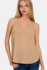 Zenana V-Neck Curved Hem Tank Dk Brush OutfitFlow