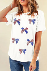 Sequin Flag Bow Pattern Crew Neck Patriotic Tee White OutfitFlow