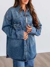 Snap Down Dropped Shoulder Denim Jacket Dark Blue OutfitFlow