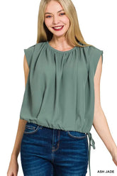 Zenana Woven Drawstring Tie Side Sleeveless Top ASH JADE OutfitFlow