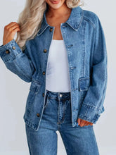 Button Up Raglan Sleeve Denim Jacket Blue OutfitFlow