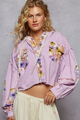 POL Raw Hem Floral Print Cropped Hooded Jacket Pink Purple OutfitFlow