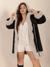 Plus Size Fuzzy Trim Open Front Long Sleeve Hooded Coat Black OutfitFlow