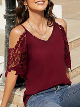 Cold Shoulder Lace Sleeve Blouse Burgundy OutfitFlow