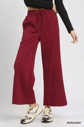 Umgee Cable Knit Textured Wide Leg Pants BURGUNDY OutfitFlow