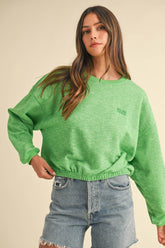 Mable Round Neck Letter Embroidery Crop Sweatshirt Apple Green OutfitFlow