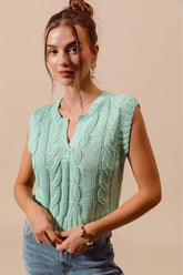 SO ME Notched Neck Cable Knit Sweater Vest DUSTY SAGE OutfitFlow