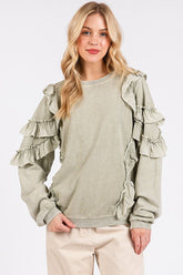 Mittoshop Ruffled Mineral Washed Round Neck Long Sleeve Sweatshirt Sage OutfitFlow