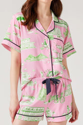 Collared Neck Printed Top and Drawstring Shorts Lounge Set Blush Pink OutfitFlow