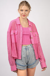 VERY J Button Up Long Sleeve Lace Shirt Pink OutfitFlow