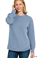 Zenana Full Size Raised Rib Round Neck Long Sleeve Top Plus Size DUSTY BLUE OutfitFlow