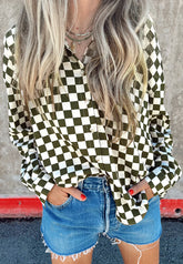 Checkered Collared Neck Long Sleeve Shirt Black Forest OutfitFlow