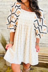 Geometric Square Neck Half Sleeve Mini Dress Cream OutfitFlow