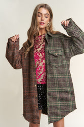 J.NNA Snap Down Tweed Plaid Contrast Longline Jacket Misty Forest OutfitFlow