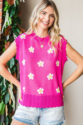First Love Full Size Flower Pattern Round Neck Sweater Vest Fuchsia OutfitFlow