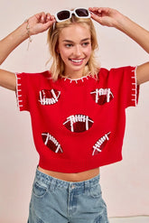 BiBi Gameday Sequin Football Embroidered Stitch Sweater RED WHITE OutfitFlow