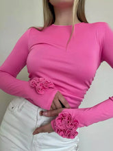 Flower Round Neck Long Sleeve T-Shirt Hot Pink OutfitFlow