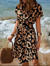 Leopard Notched Tie Waist Midi Dress Brown OutfitFlow