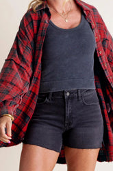 Exposed Seam Plaid Collared Neck Long Sleeve Shirt Deep Red OutfitFlow