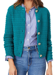 Textured Knit Button-Front Cardigan Peacock Blue OutfitFlow