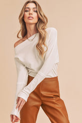 Aemi + Co One Shoulder Long Sleeve Knit Top White OutfitFlow