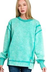 Zenana Acid Wash Exposed-seam Fleece Sweatshirt TURQUOISE OutfitFlow