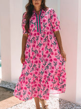 Floral Contrast Neckline A-line Puff Sleeve Dress Hot Pink OutfitFlow