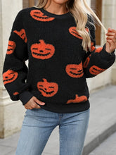 Fuzzy Pumpkin Round Neck Dropped Shoulder Sweater Orange OutfitFlow