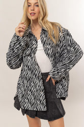 HYFVE Zebra Print Snap Down Long Sleeve Jacket Black OutfitFlow