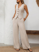 V-Neck Button Down Vest and Wide Leg Pants Set Dust Storm OutfitFlow