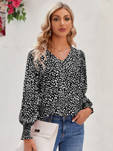 Printed V-Neck Lantern Sleeve Blouse Black OutfitFlow