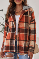 Plaid Button Up Hooded Shacket Orange OutfitFlow
