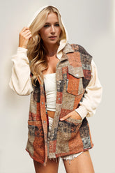 Double Take Contrast Long Sleeve Hooded Plaid Jacket Cream OutfitFlow