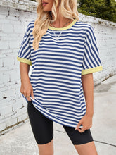 Lovelet Striped Round Neck Half Sleeve T-Shirt Royal Blue OutfitFlow