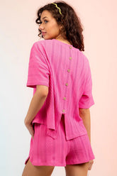 Textured Round Neck Top and Shorts Set Hot Pink OutfitFlow