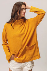 BiBi Piper Rib Double Pocket Turtle Neck Sweater MUSTARD OutfitFlow