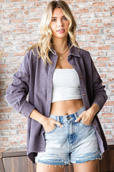 First Love Washed Corduroy Button Down Long Sleeve Shirt Purple Gray OutfitFlow