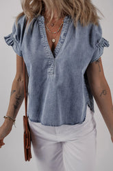 V Neck Ruffled Short Puff Sleeve Denim Top Medium OutfitFlow