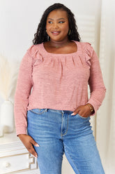 Double Take Square Neck Ruffle Shoulder Long Sleeve T-Shirt Dusty Pink OutfitFlow