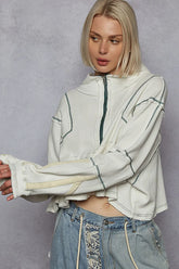 POL Contrast Stitching Zip Front Sweatshirt White OutfitFlow