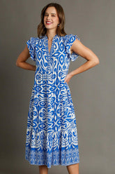 Umgee Full Size Two Tone Border Print Ruffle Cap Sleeve Midi Dress Plus Size Blue OutfitFlow