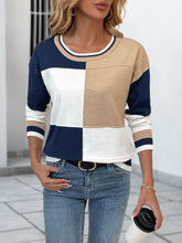 Color Block Round Neck Sweater with Ribbed Trim Blue White OutfitFlow